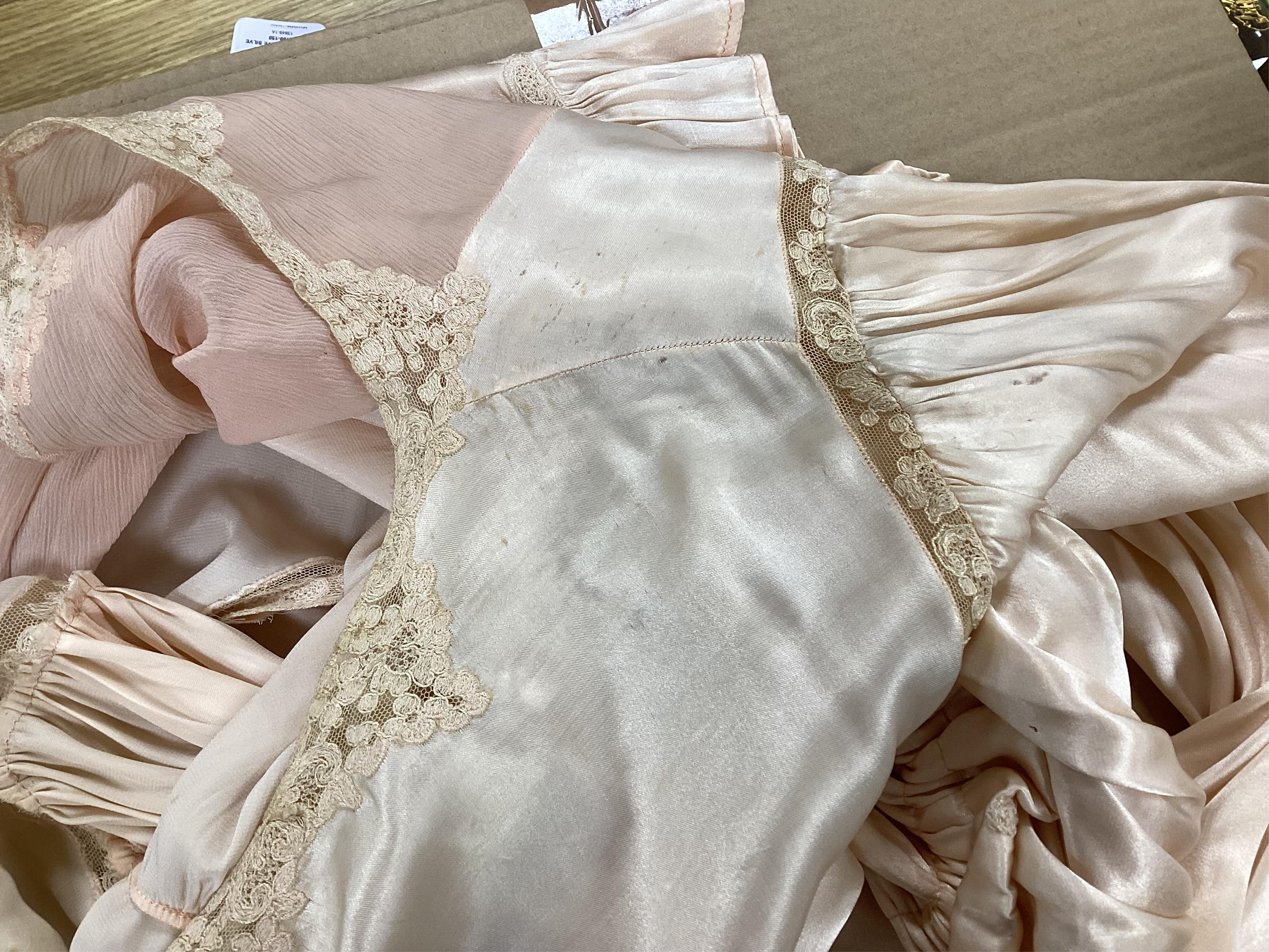 A 1940's pink satin, chiffon and lace inserted blouse